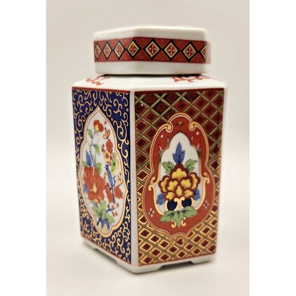 Vintage Dolphin China 6 sided Ginger Jar Japan Ceramic Footed w/Lid Gold Leafing - Picture 2 of 11